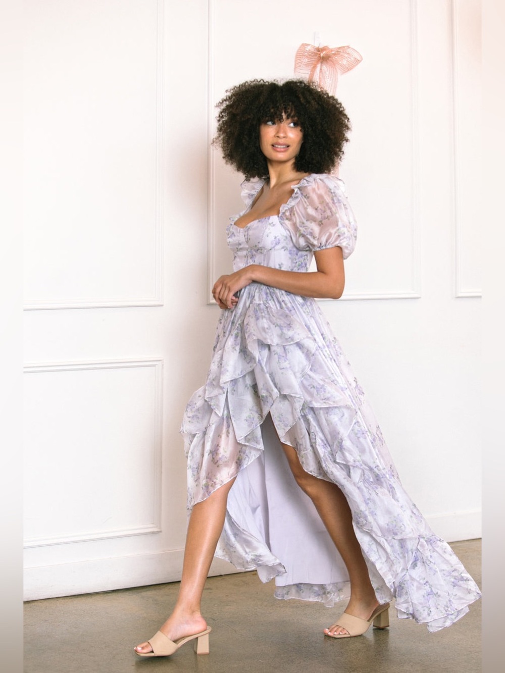 Morning Lavender Lilac Floral Ruffle Maxi Dress with Puff Sleeves and slit